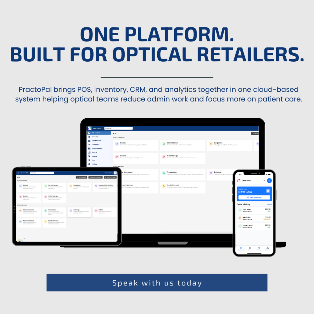PractoPal optical retail software displayed across desktop, tablet, and mobile devices